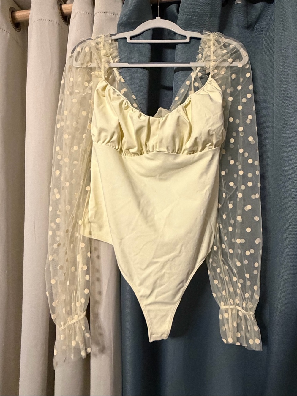 Free People Cream Polka Dot Mesh Puff Sleeve Bodysuit